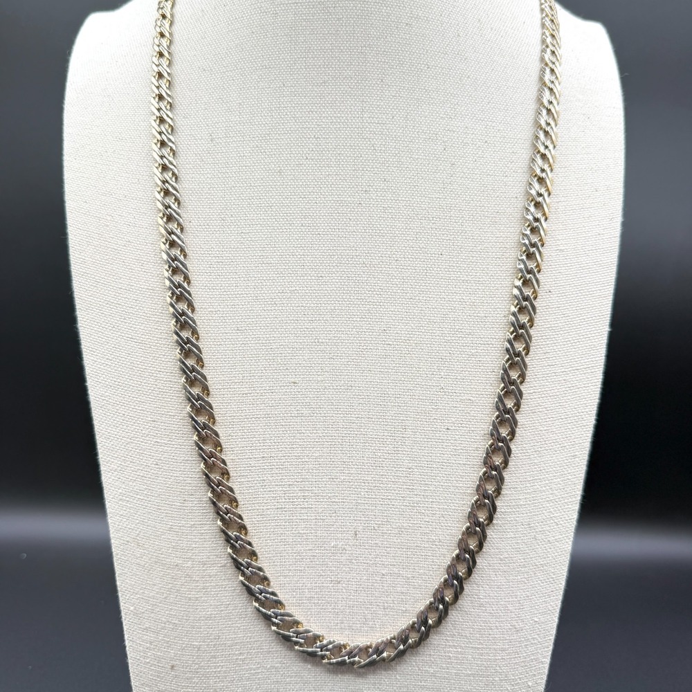 Silver & Gold Tone Flat Curb Chain Necklace Long Two Tone Bold Statement Jewelry
